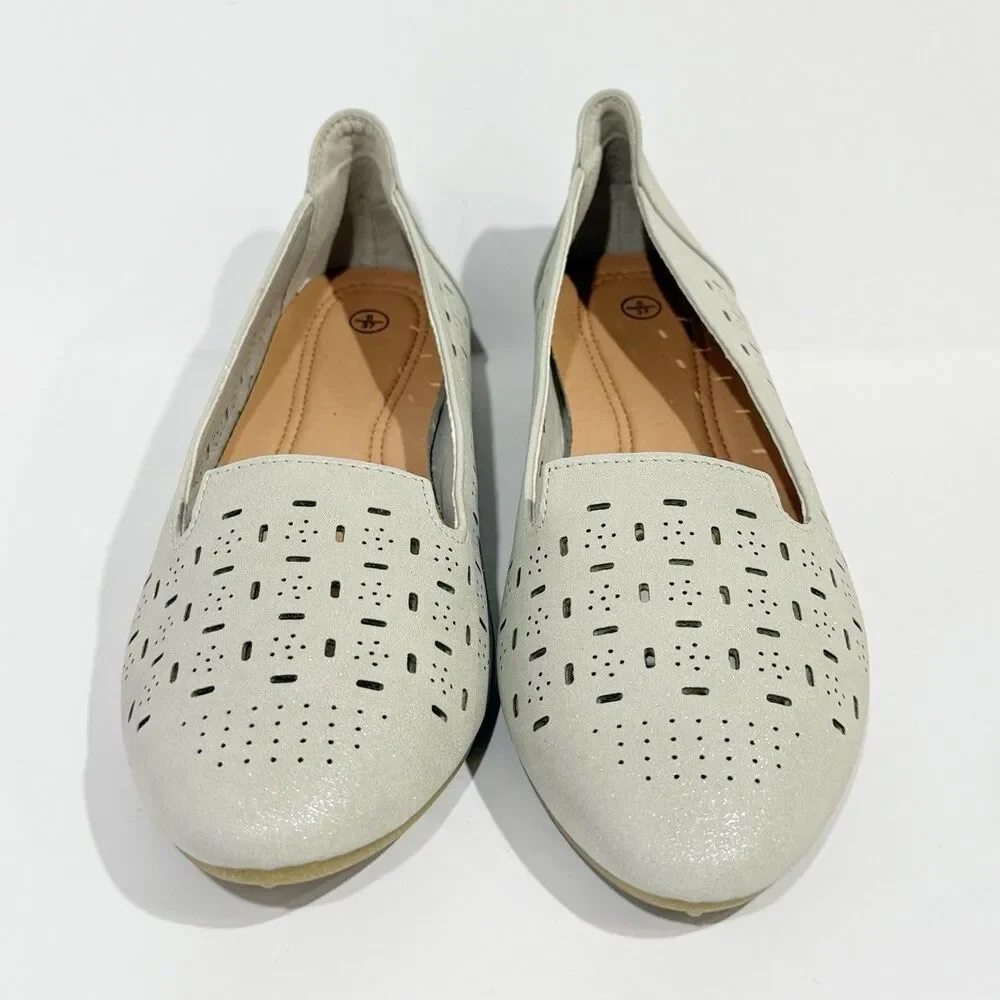 Rominz Women's Flats Shoes Comfortable Grey PU Leather Ballet Flats Size 6
